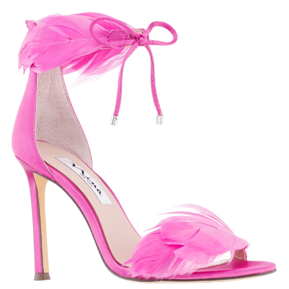 PINK SATIN FEATHER BACK-ZIP STILETTO DRESS SANDAL